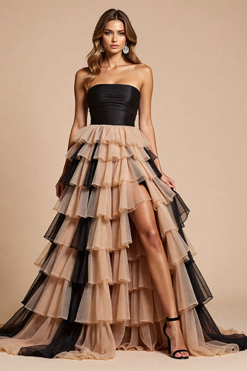 Black and Pink Tulle A Line Long Prom Dress with Slit